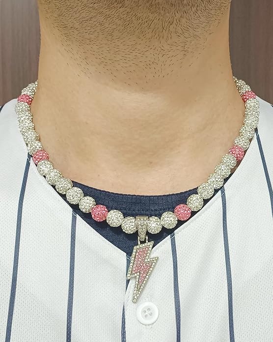 Baseball Necklace for Men 16/18/20 Inch Bling Ice Collection Lightning Bolt Pendant Necklace for Women Rhinestone Clay Beaded Discoball Accessories Gifts for Baseball Team Players Lovers