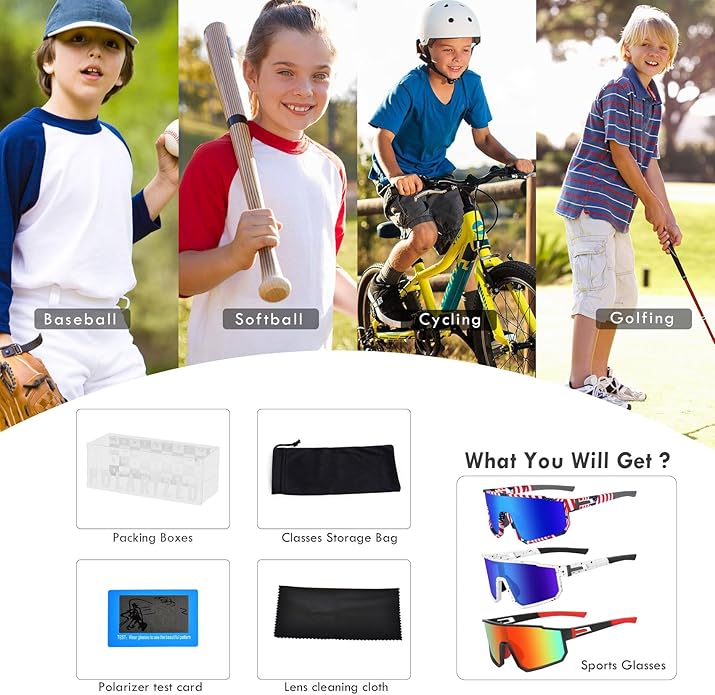 MVPTGRS Youth Baseball Sunglasses for Boys Girls Age 8-14 TR90 Frame Kids Sport Sunglasses for Softball Cycling Baseball Golf