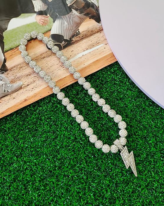 Baseball Necklace for Men 16/18/20 Inch Bling Ice Collection Lightning Bolt Pendant Necklace for Women Rhinestone Clay Beaded Discoball Accessories Gifts for Baseball Team Players Lovers