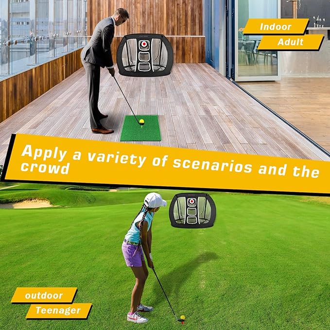 Pop Up Golf Chipping Net, Indoor/Outdoor Golfing Target Net Collapsible Portable Golf Hitting Net with 15 Training Balls and 2 Hitting Mats for Backyard Driving and Swing