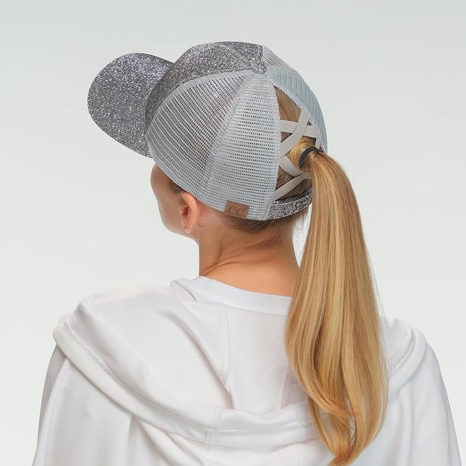 C.C Ponycap Messy High Bun Ponytail Adjustable Glitter Mesh Trucker Baseball Cap