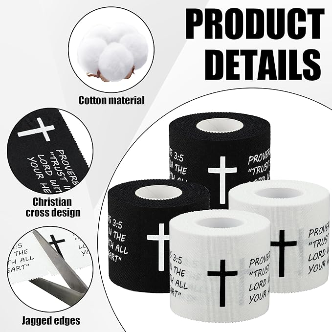 4 Pcs Christian Athletic Tapes 2in x 23ft Religious Bible Verse Sport Tape White Black Cross Athletic Wrist Tapes for Sports Gymnastics Football Baseball Tennis Boxing Athlete First Aid Injury Wrap