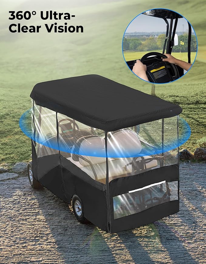 KEMIMOTO Golf Cart Enclosure, 4 Passenger Golf Cart Rain Cover, 600D Waterproof Driving Enclosure with Clear PVC Windshield for Extended Roof Golf Cart