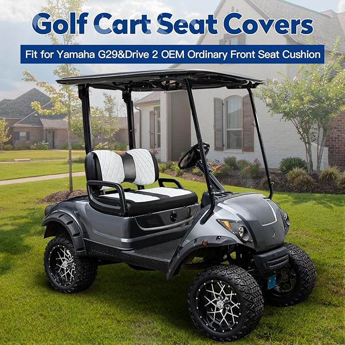 NOKINS Golf Cart Diamond Seat Covers Kit, Fit for Yamaha Drive/Drive 2 OEM Standard Front Seat Cushion, Golf Cart Vinyl Seat Cover, No Nails Required (White and Black)
