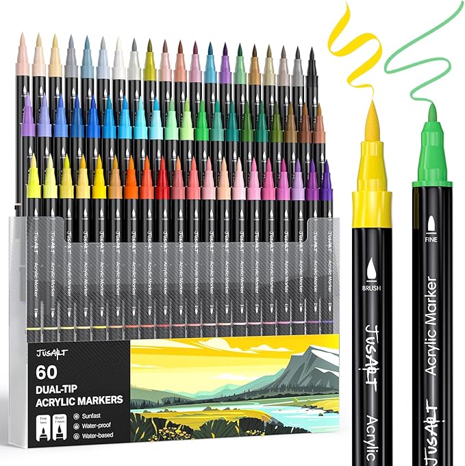 JusArt 60 Colors Dual Tip Acrylic Paint Pens Markers, Brush and Fine Tip by JusArt