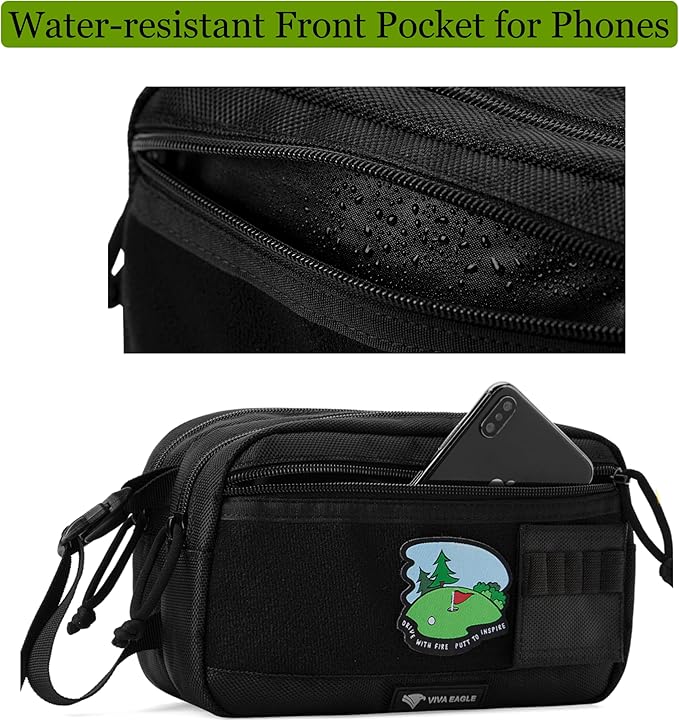 Golf Pouch Bag for Balls Accessories Valuables | Customizable with Hook-and-Loop Panel | Ideal Golfer Gift, Includes Tee-Holder and Motivation Patches | Also Great for Gym Sports Travel Tactical