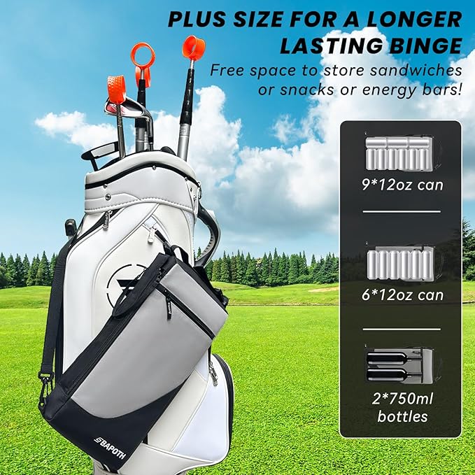 Golf Cooler Bag with 4 Ice Pack for 6 Hours, Large Capacity Golf Cooler Bag Hold 9-Can 12oz, 6-Can 16oz, 2 Bottle 750ml, Detachable Shoulder Strap for GolfCourse & Outdoor Parties