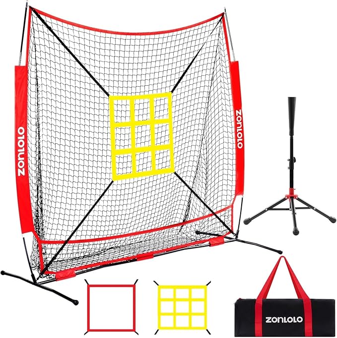 ZONLOLO 6x6ft Baseball & Softball Net for Hitting,Pitching and Batting, Throwing,Baseball net with Sturdy Bow Frame,Battting Tee,Strike Zone, Middle Size,Suitable for Kids!