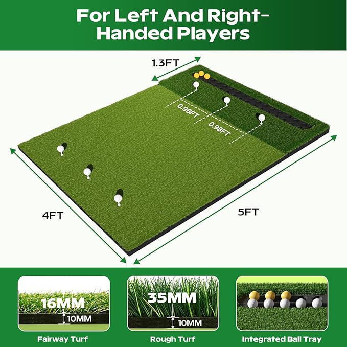 RIKADE Golf Mat - 5x4ft & 6x4ft 26mm-31mm Golf Hitting Mat for Simulators, Backyard, Garage, Indoor & Outdoor Use, Features Dual-Turf Mats with Ball Tray for Chipping and Swing Training