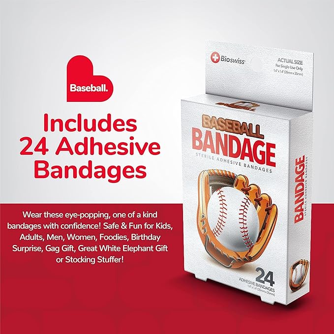 BioSwiss Bandages, Baseball Shaped Self Adhesive Bandage Set, Latex Free, Sterile Wound Care, 24 Count
