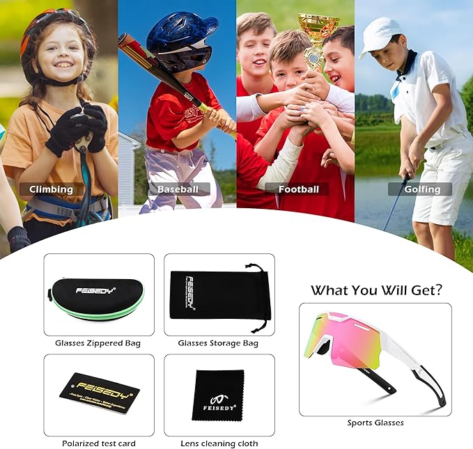 FEISEDY Kids Sunglasses Youth Baseball Sun Glasses, UV400 Sports Teens Cycling Shades for Boys Girls Age 8-16 B0048