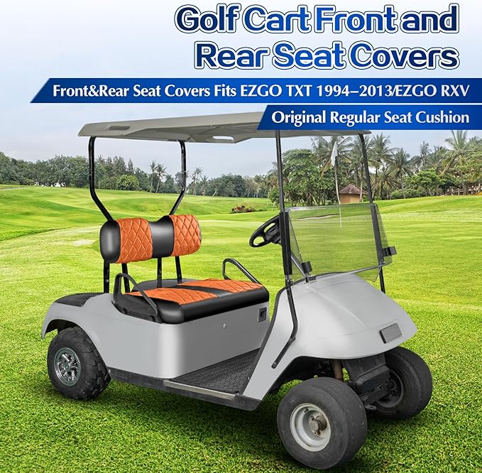 NOKINS 4PCS Golf Cart Diamond Seat Covers Kit,Front and Rear Seat Covers for Club Car Precedent/EZGO TXT/Yamaha Original Regular Seat Cushion (Orange and Black, Fit EZGO TXT 1994-2013)
