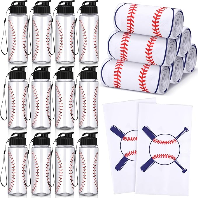 Reallnaive 24 Pcs Sports Water Bottle Cooling Towel Set Include 12 Reusable Sports Squeeze Water Bottle 12 Ice Towel Breathable 40"x12" Cooling Towels for Soccer Team Gift (Baseball)