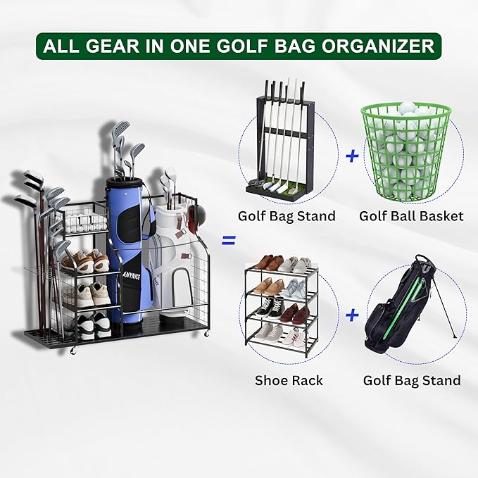 Golf Bag Storage Organizer with Wheels, Garage Golf Equipment Rack for 2 Golf Bags, Clubs, Shoes & Accessories Heavy Duty Metal Stand for Garage, Basement, Home or Shed