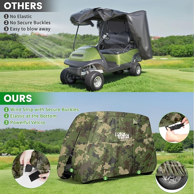 10L0L Golf Cart Cover 2/4/4+2 Passenger for Yamaha EZGO Club Car, Heavy Duty 420D Waterproof Windproof Durable Oxford Golf Cart Cover with 3 Zipper Doors for All-Weather Protection (Black/Silver)