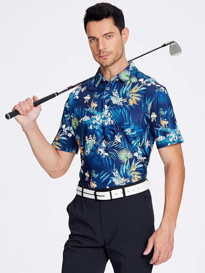 SAMERM Golf Shirts for Men Super Stretch Jacquard Dry Fit Golf Polo Moisture Wicking Short Sleeve Polo Shirts for Men
