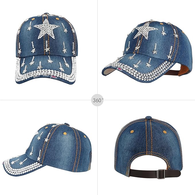Hoce Fashion Rhinestone Denim Baseball Cap Studded Bling Hat for Women