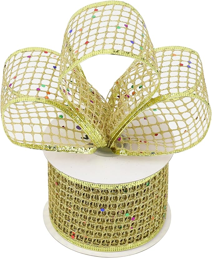 MEEDEE Gold Glitter Ribbon Gold Christmas Ribbon 2.5 Inch Square Mesh Net Wired - Image 7
