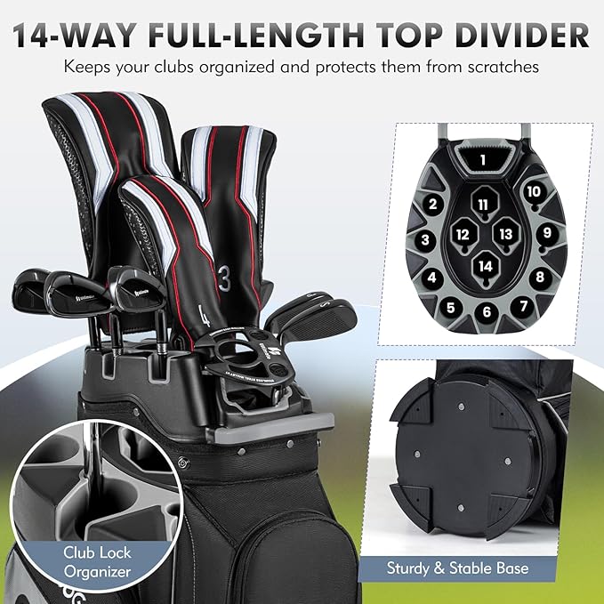 Tangkula Golf Cart Bag with 14-Way Full Length Dividers, 6 Molded Lock Top Golf Club Bag with 11 Pockets, Cooler Bag, Padded Strap, Handles, Umbrella Holder & Rain Hood