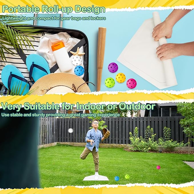 Mototo Rollable Baseball Base for Yard Practice Kit, 5 Baseball Home Plate Rubber Base with 6 Practice Soft Balls & Black Storage Bag, Throw Down Home Plate for Backyard, School Kickball, Tball