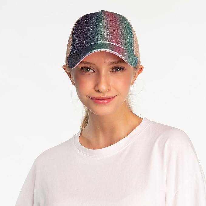 C.C Ponycap Messy High Bun Ponytail Adjustable Glitter Mesh Trucker Baseball Cap