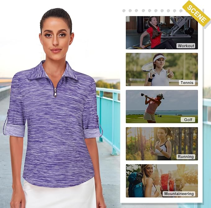 Koscacy Women's 3/4 Roll Sleeve Golf Tennis Polo Shirts UPF50+ Half Zip Dry Fit Workout Tops Athletic Shirt