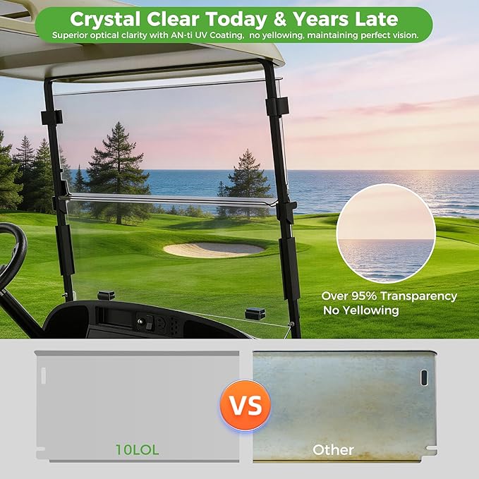 10L0L Golf Cart Windshield for EZGO TXT Gas and Electric 1995-up, Foldable Golf Cart Windscreen, Anti-UV and Impact Resistant, Clear/Tinted