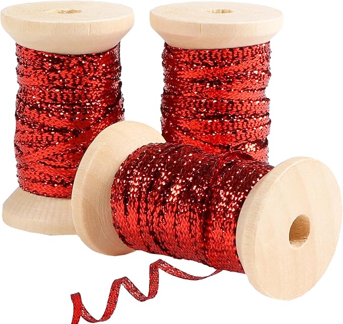 Red Thin Ribbon 1/8 inch Metallic Braided Double Faced Ribbons Curling Ribbons by Unknown