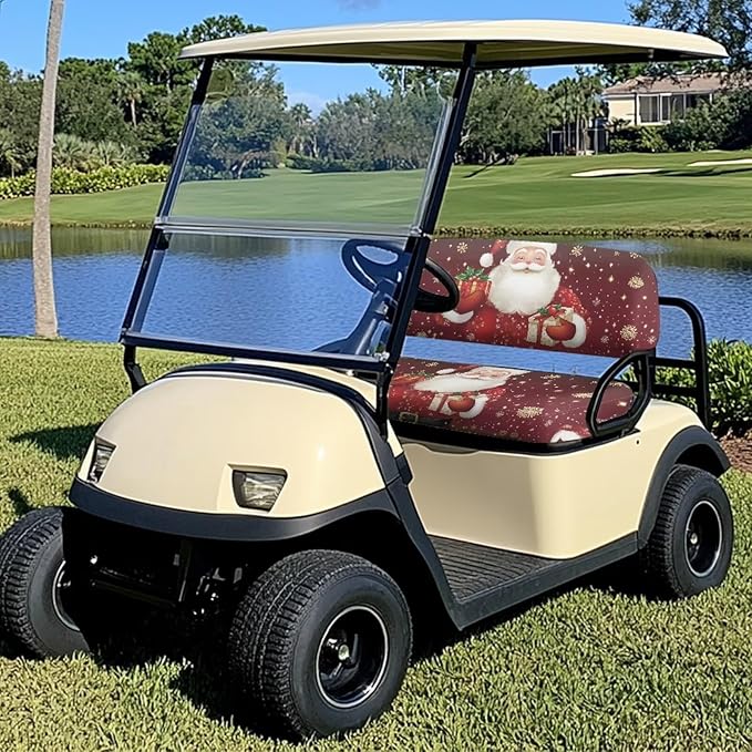 Bulopur Christmas Santa Claus Golf Cart Seat Towel Covers for Front Seats, Xmas Club Car Golf Cart Seat Covers Universal Accessories for Golfcart Cushion Blanket
