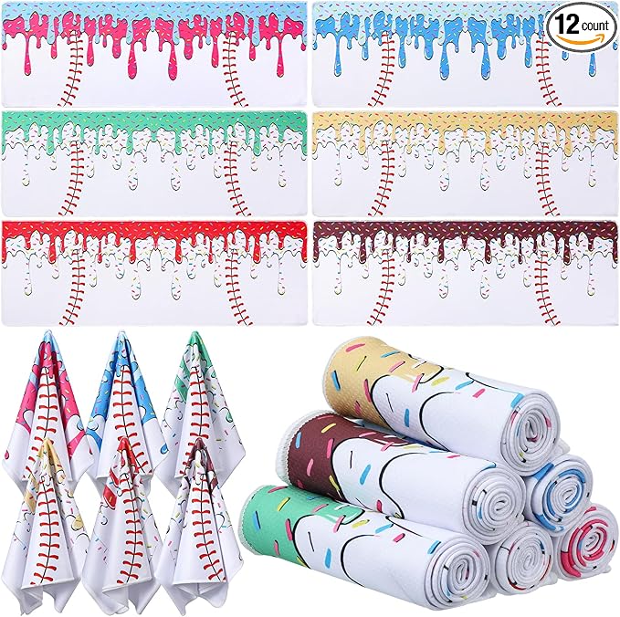 Peryiter 12 Counts Mini Cooling Towel, 30" x 9" Baseball Softball Soccer Golf Sweat Towel, Breathable Chilly Rag, Microfiber Sport Rags for Team Gym Running Coach Gift