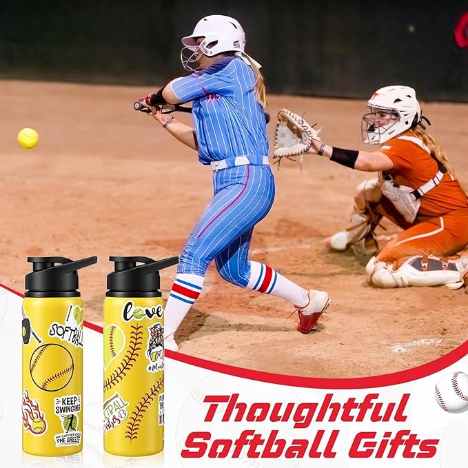 Ceenna 2 Pcs 24 oz Softball Water Bottle with 50 Stickers, Stainless Steel Insulated Travel Tumbler Softball Gifts for Team Sports Fans, Travel Gym Hiking Cycling Camping Bike Cages