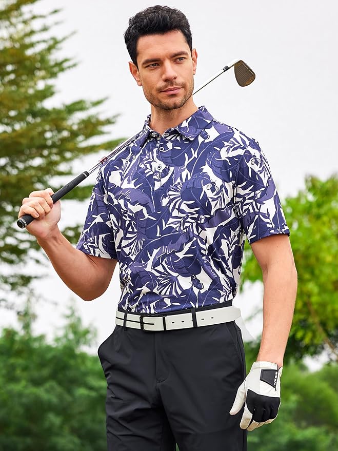 SAMERM Golf Shirts for Men Super Stretch Jacquard Dry Fit Golf Polo Moisture Wicking Short Sleeve Polo Shirts for Men