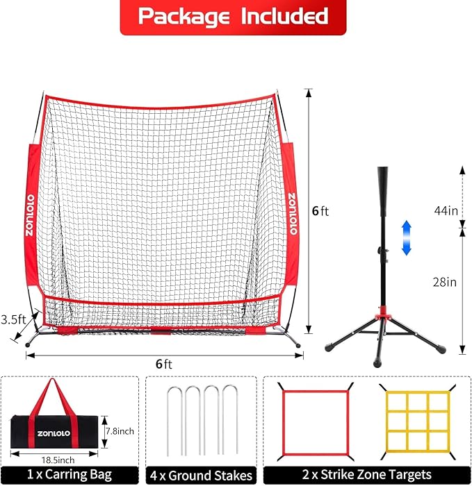 ZONLOLO 6x6ft Baseball & Softball Net for Hitting,Pitching and Batting, Throwing,Baseball net with Sturdy Bow Frame,Battting Tee,Strike Zone, Middle Size,Suitable for Kids!