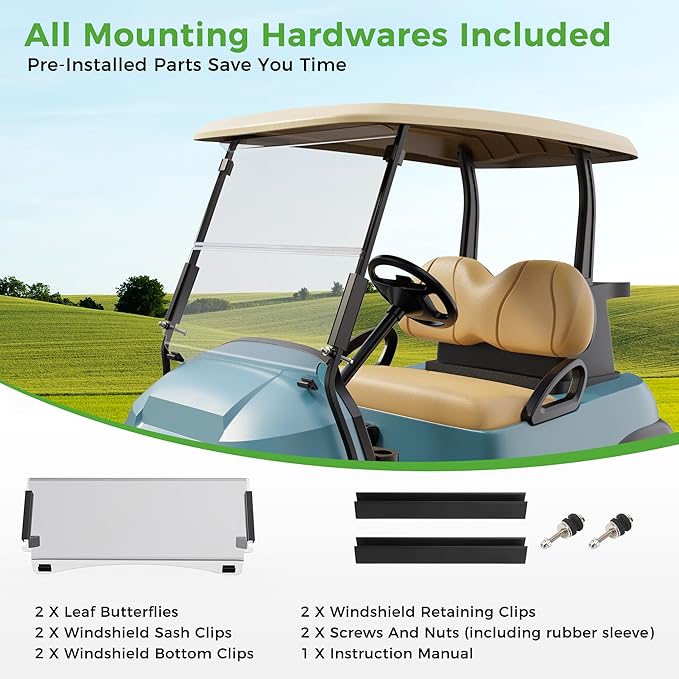 10L0L Golf Cart Windshield for Club Car Precedent 2004-Up, Tempo, 2017-Up Onward, One-Piece Hinge Design, Clear/Tinted Anti-UV Impact Resistant,HD View, 37.5" W X 33.6" H