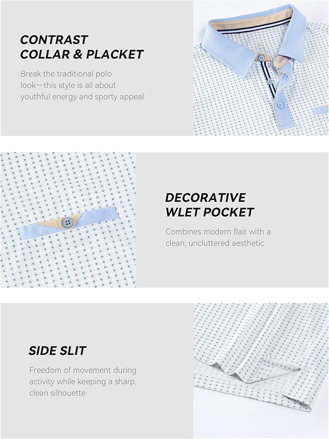 Esabel.C Men's Golf Polo Shirts Print Moisture Wicking Short Sleeve Dry Fit Stretch Polo Shirts for Men with Faux Pocket