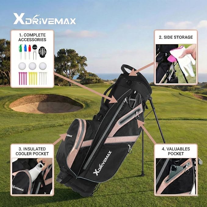 XDriveMax Golf Stand Bag with Accessory Pack, Lightweight 8-Way Top Dividers Golf Bag with Stand, Includes Insulated Cooler Pocket, Dual Strap & Rain Cover