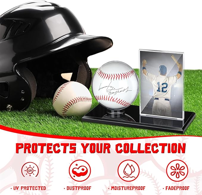 DoubleFill Acrylic Baseball Display Case for Ball and Cards Clear Base Ball Holder Ring Stand Set Centerpieces Protector Memorabilia Showcase for Official Size Baseball Tennis(Small)