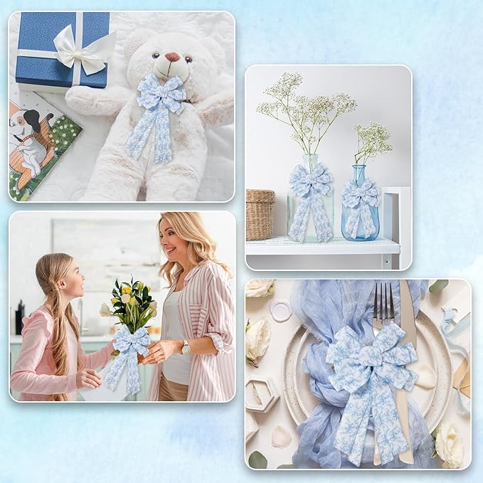 Blue Floral Bow Wired Edge Ribbon Chinoiserie Flower Bowknot Fabric Ribbon - Image 7