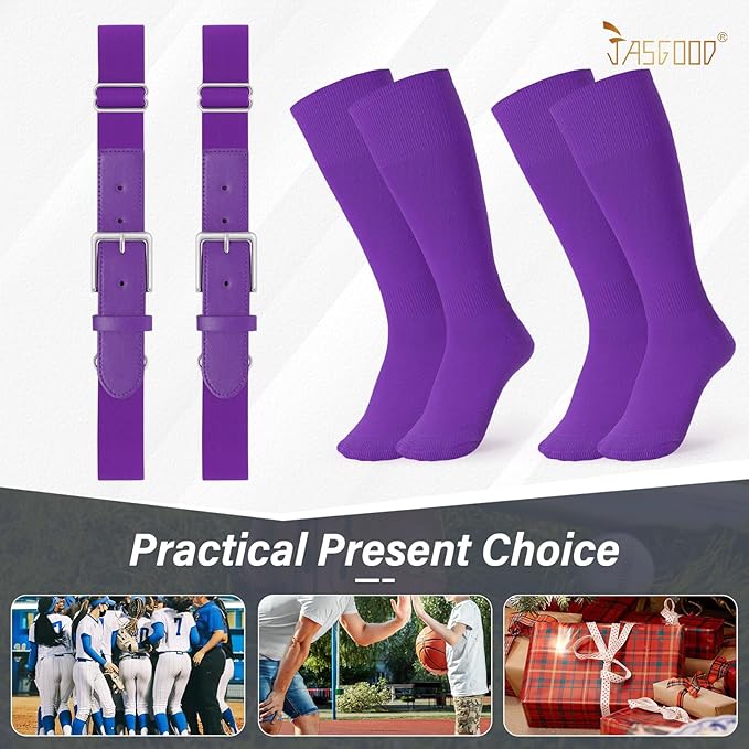 JASGOOD 2 Pack Baseball Socks and Belt Combo Set Softball Socks and Belts Elastic Waist Belt for Youth and Adult Boys