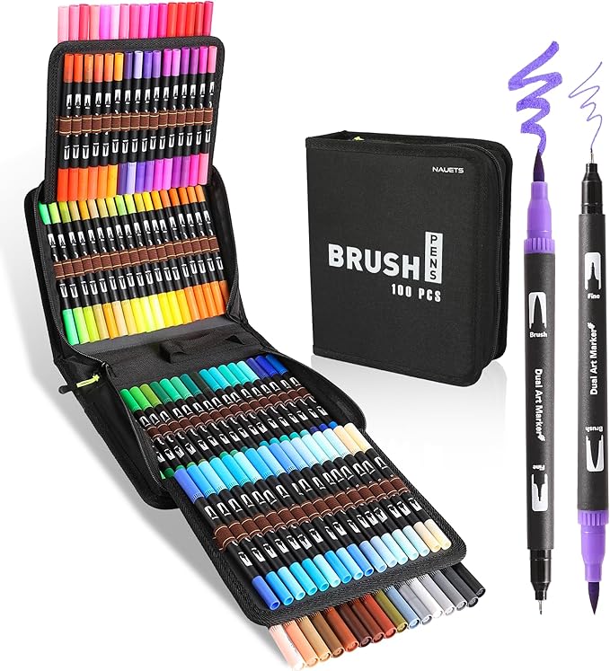 nauets 100 Colors Brush & Fine Dual Tip Watercolor Markers Set by nauets