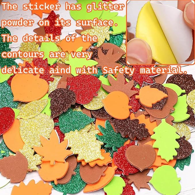 300Pcs Fall Foam Leaf Stickers, Autumn Glitter Maple Leaves Self Adhesive Foam - Image 2