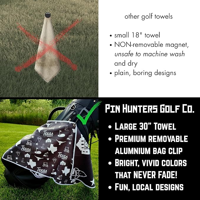 Pin Hunters Texas-Themed Microfiber Golf Towel | Premium Waffle Towel with Clip | Large 31"×15.5" Towel for Golf Bags | Accessories for Men | Fun Gift for Husband | USA Pride