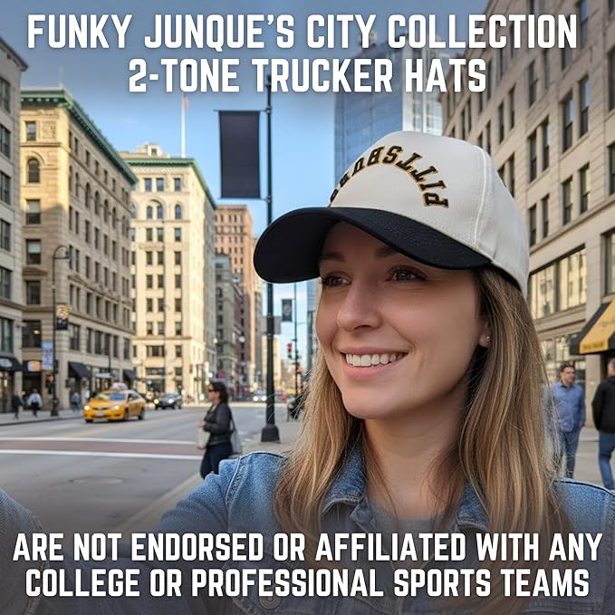 Funky Junque Upside Down City Trucker Hat for Men and Women – Unisex 3D Embroidered Gameday Baseball Cap, Retro Snapback Hats