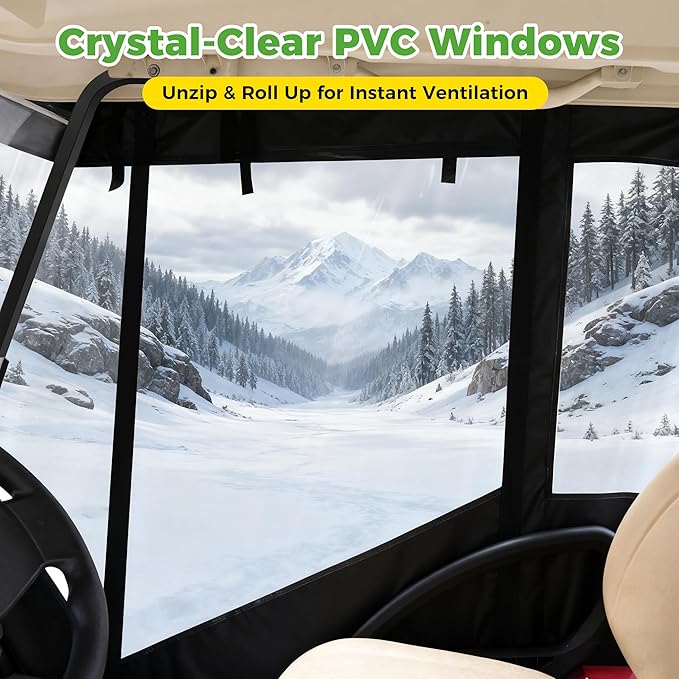 10L0L 2/4/8 Passenger Golf Cart Enclosure for Club Car Precedent/Tempo/Onward, 600D Waterproof Golf Cart Rain Cover, Driving Enclosure with 4-Sided Clear Windows Roll-up Door Black -Roof 58"-141"