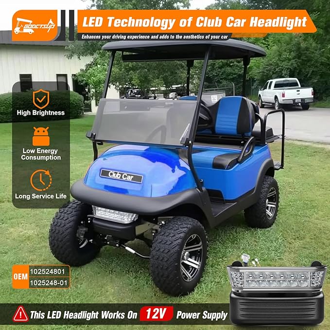 Club Car LED Headlight with Bumper, 12V Golf Cart LED Headlight for Club Car Precedent 2004-UP Electric Cart Models, Replace Precedent Head Light OEM# 102524801, 1025248-01