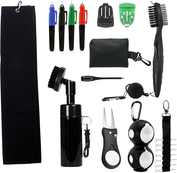 23P Golf Essentials Kit -Golf Green Fork, Golf Brush,Accessory Pack, Golf Towel, Golf Club Brush, Golf Ball Marker, Divot Repair Tool, Golf Ball & Golf Tee Holder,Golf Gifts for Men