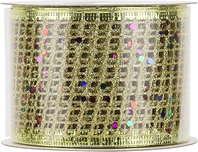 MEEDEE Gold Glitter Ribbon Gold Christmas Ribbon 2.5 Inch Square Mesh Net Wired - Image 9