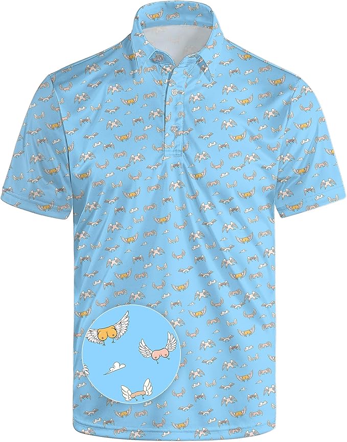 HUURAY Funny Golf Polos for Men Funny Print Short Sleeve Shirts Quick Dry Polo Shirts Hawaiian Shirt Performance Golf Outfits