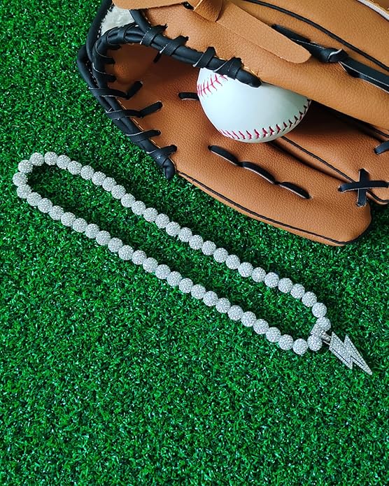 Baseball Necklace for Men 16/18/20 Inch Bling Ice Collection Lightning Bolt Pendant Necklace for Women Rhinestone Clay Beaded Discoball Accessories Gifts for Baseball Team Players Lovers