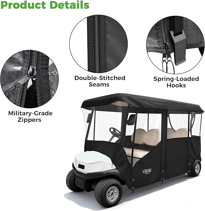 10L0L 2/4/8 Passenger Golf Cart Enclosure for Club Car Precedent/Tempo/Onward, 600D Waterproof Golf Cart Rain Cover, Driving Enclosure with 4-Sided Clear Windows Roll-up Door Black -Roof 58"-141"